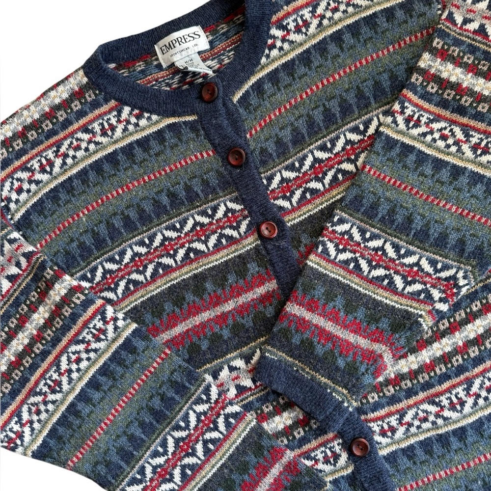 Vintage Button Cardigan Wool Ramie Blend Aztec Cozy Women’s M Cottagecore